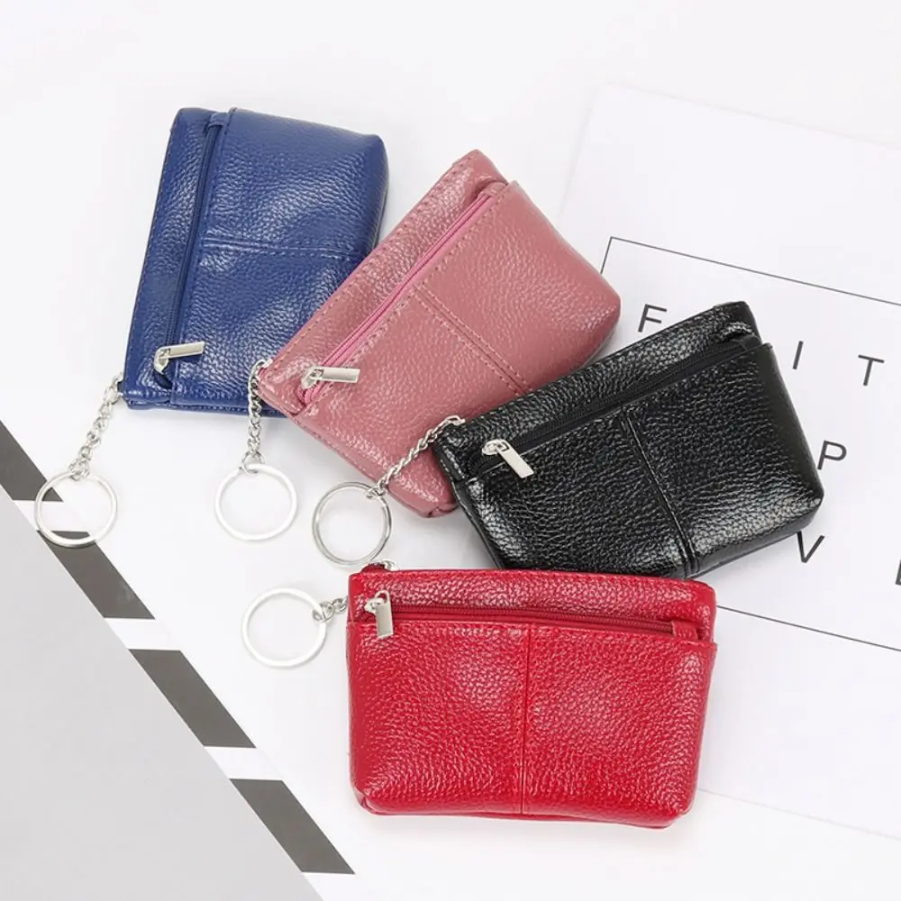 Double Layer Short Zipper Coin Purse Pure Color Waterproof Small PU Leather Wallet Money Bag With Keychain ID Credit Card Holder