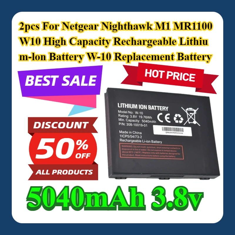 

2pcs For Netgear Nighthawk M1 MR1100 W10 High Capacity 5040mAh Rechargeable Lithium-lon Battery W-10 Replacement Battery