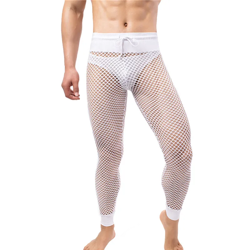 Mens Pajamas Mesh See Through Long Pants Sleepwear Hollow Out Fishnet Trousers Nightgown Sleep Bottoms Sexy Leggings Underwear