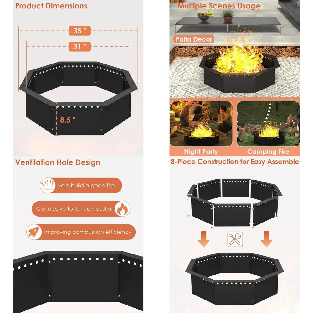 

35 восьмиугольный стальной вкладыш для костра, внутренний диаметр 31, кольцо для костра для выжигания по дереву на открытом воздухе для использования над или в земле
