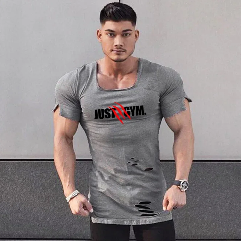 

Gym Bodybuilding Clothing Mens Fitness Sport Breathable T-shirt Summer Cotton Slim Fit Running Square Collar Short Sleeve Shirts