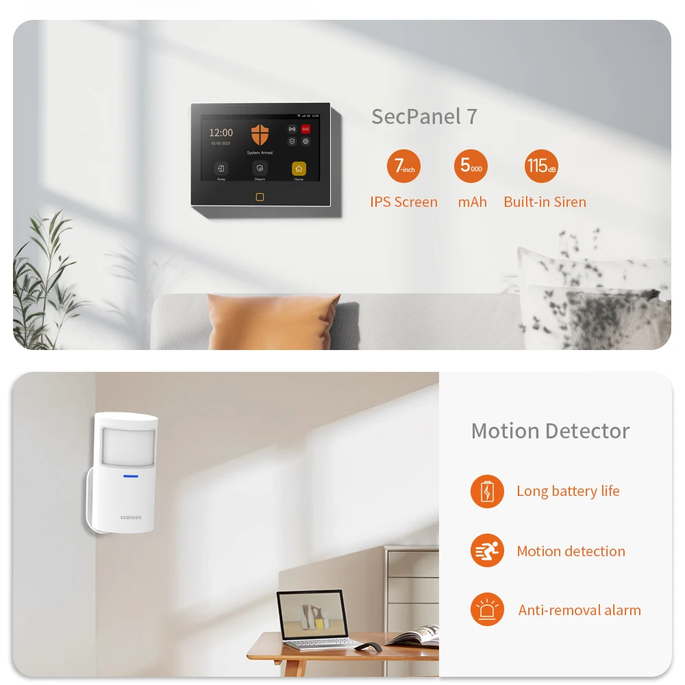 Staniot 7 inch draadloze inbraakkit WiFi 4G Tuya Smart Home Security Alarmsysteem Ingebouwde sirene met 5-jaars deurraamsensor,Ondersteuning 8