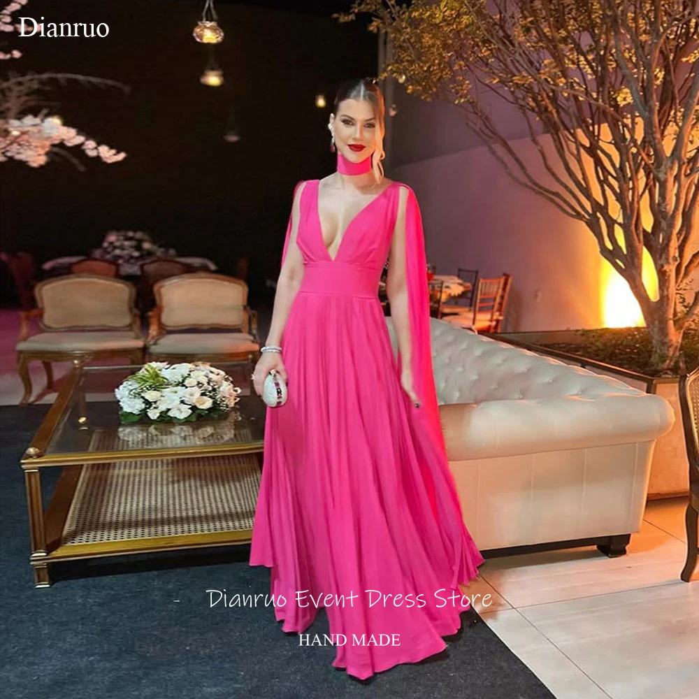 فساتين سهرة Dianruo فوشيا مكشكشة بدون ظهر ورقبة على شكل V عميقة من الشيفون رداء De Soirée مثير فيستدوس دي فييستا أنيقة مخصصة #1
