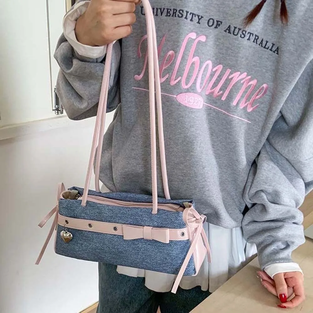 

All-match Sweet French Stick Handbag Contrast Color Large Capacity Bow PU Shoulder Bag Waterproof Blue Denim Underarm Bags Women