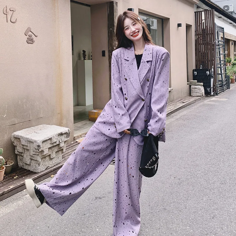 EAEOVNI Lila 2025, Herbst Neue Zwei Stück Set Frauen Mode Kontrast Farbe Design Blazer Mantel + Breite Bein Lange Hosen kleidung