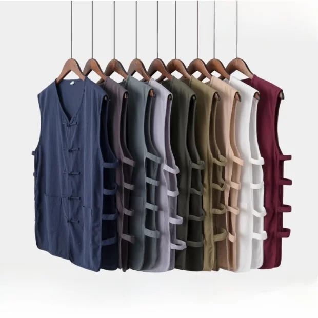 

Summer 2025 Men's Large Size Cotton Linen Chinese Sle Vest Jaet with Button Bal Top V-Ne Travel Casual Wear