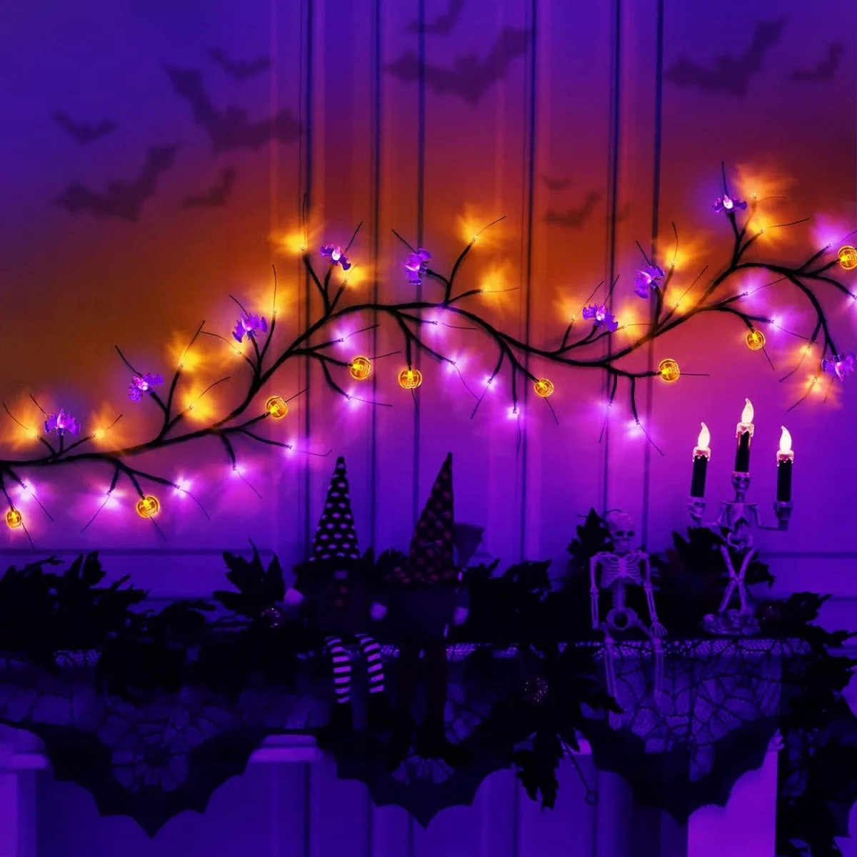 1 pz 1.8M luci di Halloween Black Willow Vine Twig zucca e pipistrello rami decorativi lampada impermeabile a batteria per la casa