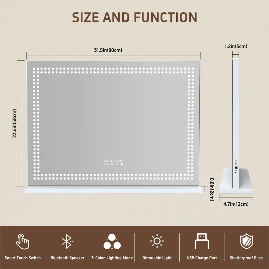 مرآة الغرور مع أضواء ومكبر صوت بلوتوث 31.5x 22.8 مرآة ماكياج مضاءة مرآة هوليوود مع حبات إضاءة LED شحن USB #5