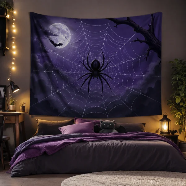 VIKAMA Dead Tree Bat Tapestry Full Moon Spider Web Dark Blue Night Cloud Wall Hanging Spooky Gothic Halloween Home Decor