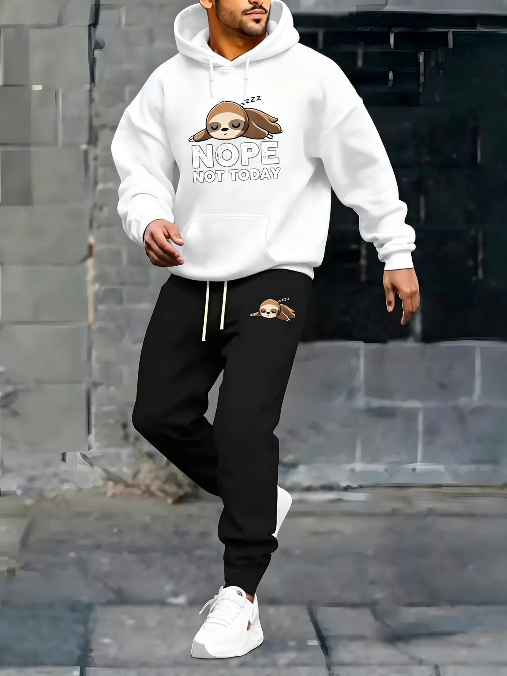 Fashion Men Cartoon Sloth Print Hoodie & Sweatpants Set Autumn Winter Casual Long Sleeve Tracksuit Machine Washable