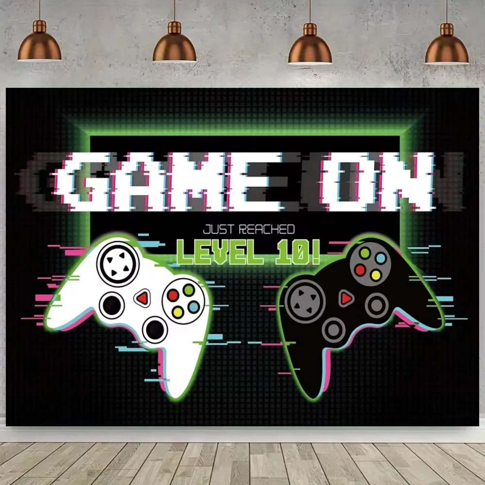 Game On Theme Video Gamer Kids 0-25th Birthday Party Neon Green Gaming Next Level Up Background Baby Shower Decoration supplies