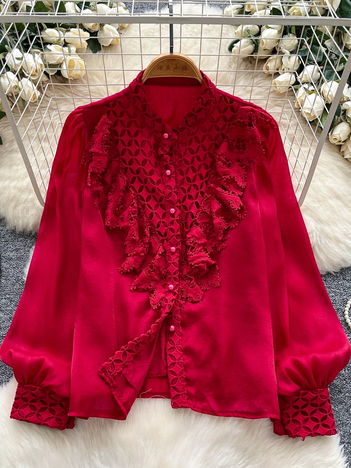 Retro Court Sle Lace Trim Splicing Lantern Sve Me irt Women's Faionable Versatile Base irt Top Korean Loose Fit