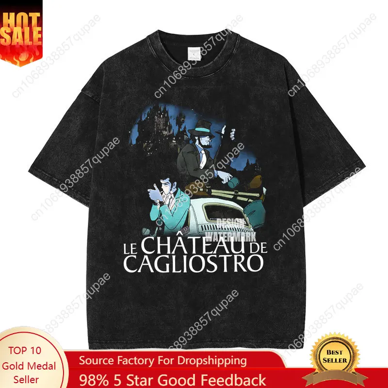 

Anime L-Lupin the Third T-Shirt Vintage Washed L-Lupin III 4 T Shirts Oversized Retro Fujiko Daisuke Tops Tees Man 100% Cotton