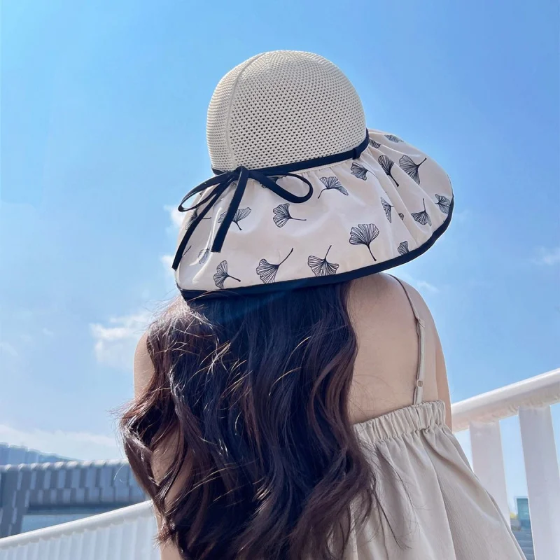Personalizado. [Loja venda quente] chapéu feminino verão novo chapéu feminino estilo coreano aba grande chapéu de pescador arco vinil protetor