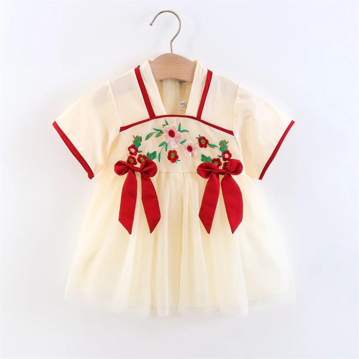 Summer Children'S Chinese Style Hanfu Short Sleeve Dress With Bow Embroidery Mesh Daily Baby Girl Princess Dress