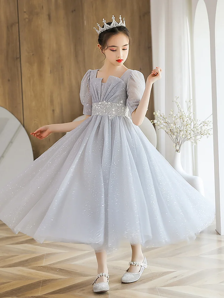 Elegante Grau Pailletten Perlen Lange Abendkleid Brautjungfer Tüll Kleider Mädchen Hochzeit Party Kleid