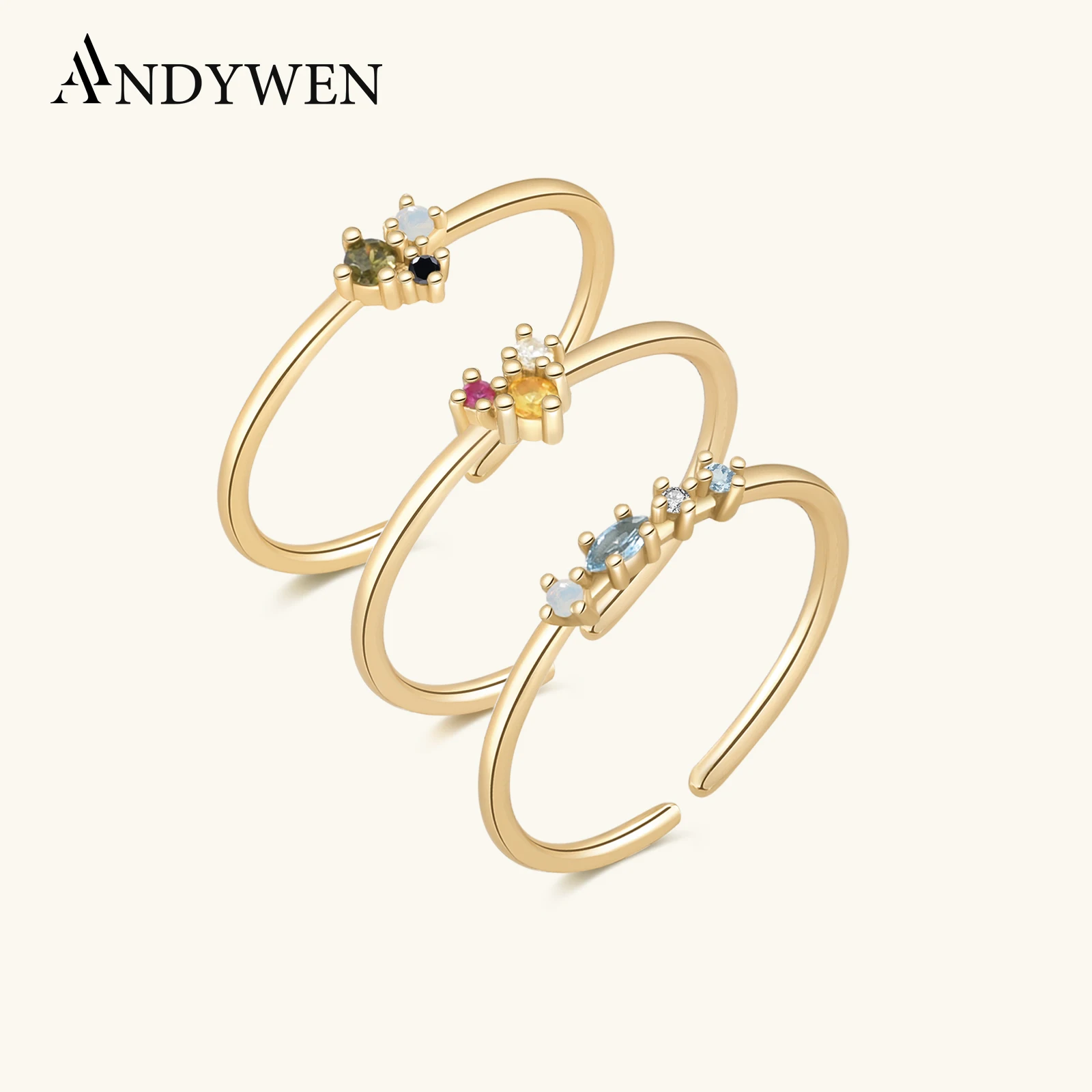 

ANDYWEN 100% 925 Sterling Silver Open Rainbow CZ Colorful Resizable Rings Adjustable Wedding Luxury Jewelry Circle For Women