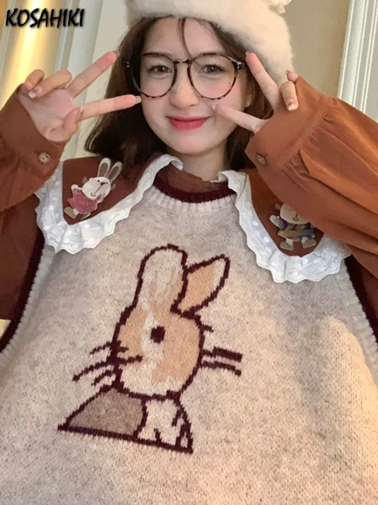 Autumn Sleeveless Sweater Vest Casual Vintage V-neck Pullovers Y2k Aesthetic Women Streetwear Cartoon Knitwear Waistcoat