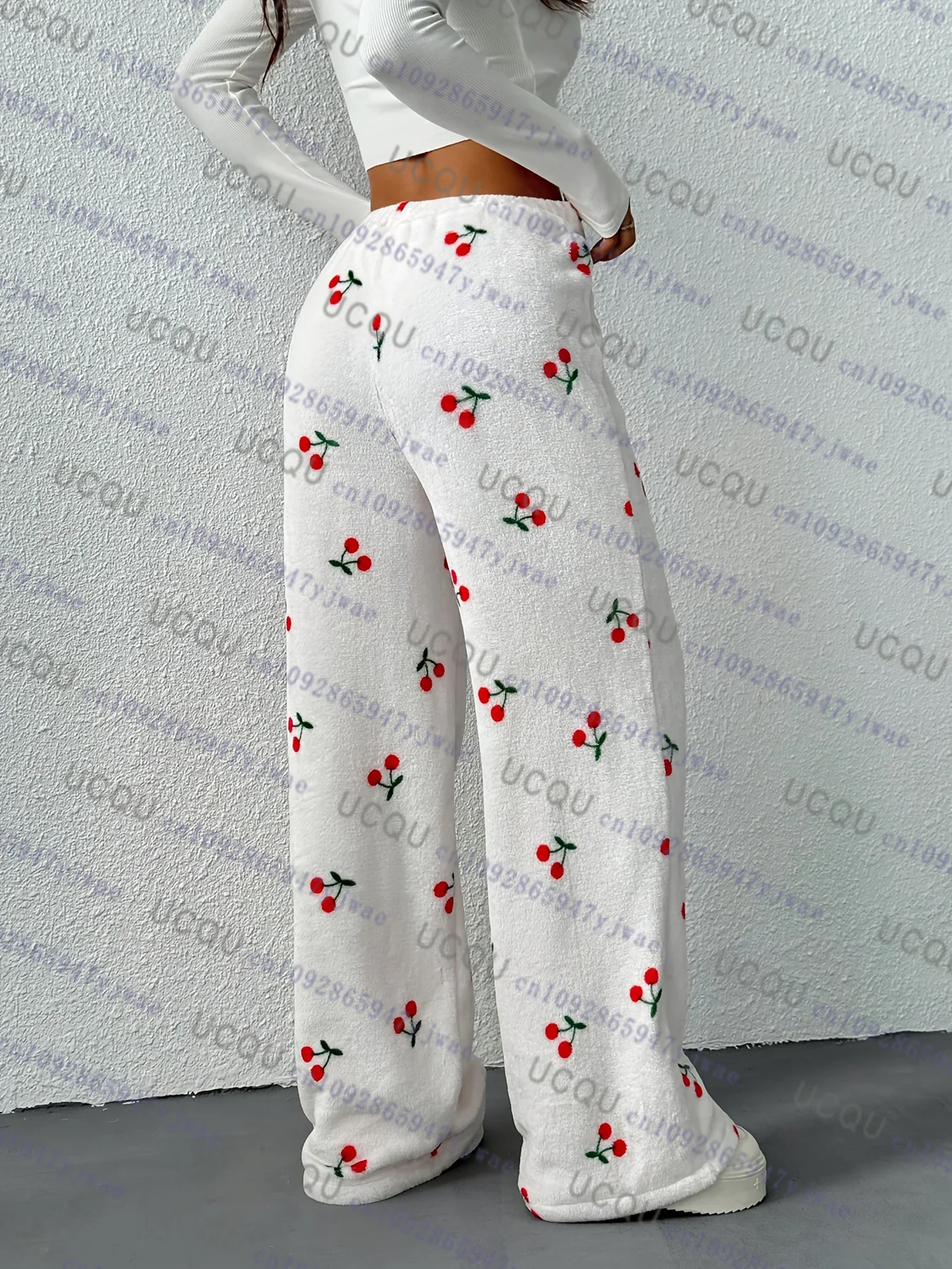 Women's Elegant Casual Pants Straight Leg Trousers with Red Cherry Flannel Home Trouser Ladies Pants Autumn Winter Pajamas Pants