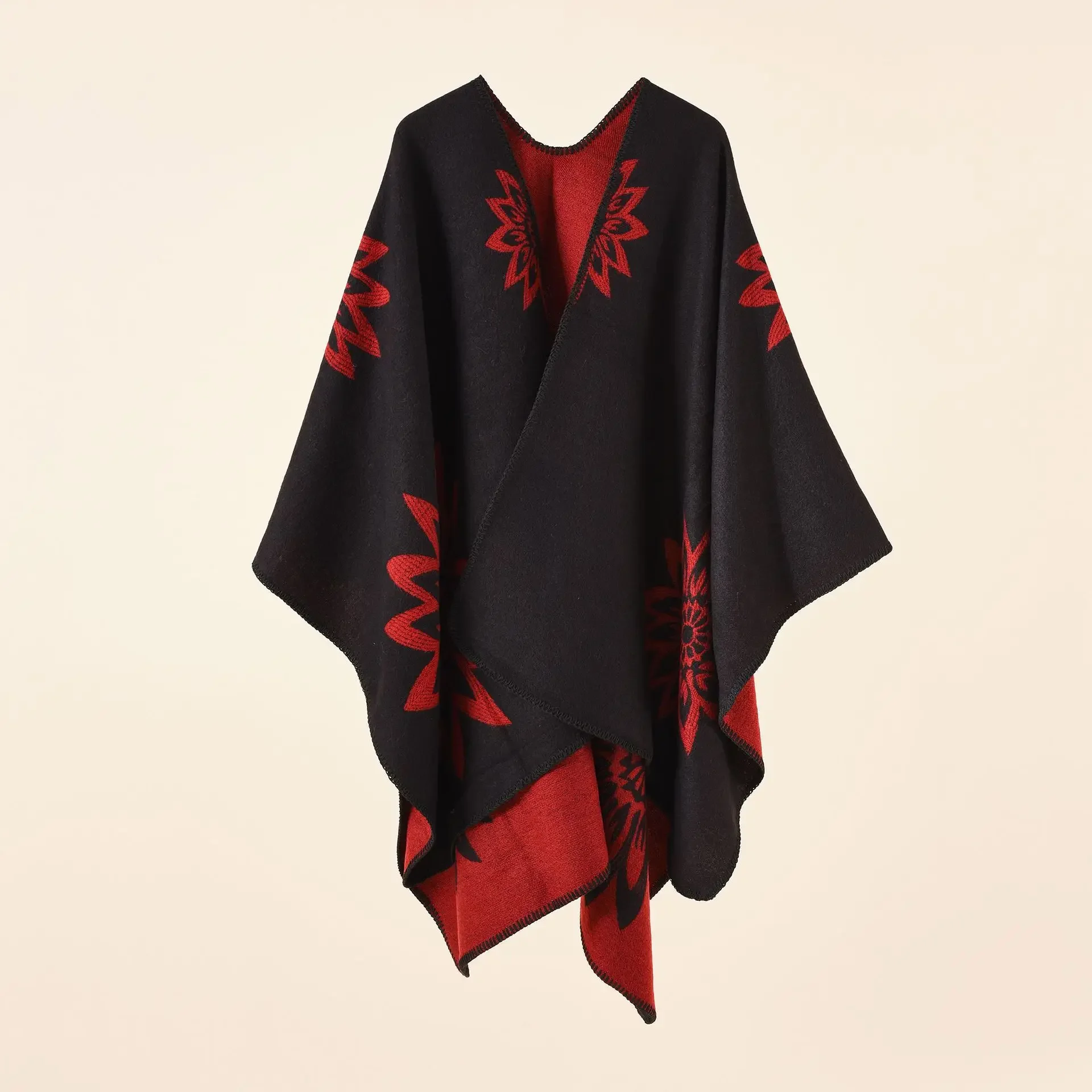 

2025 Autumn Winter New printing Cardigan Imitation Cashmere Warm Casual Women Shawl Poncho Capes Lady Coat Black Red