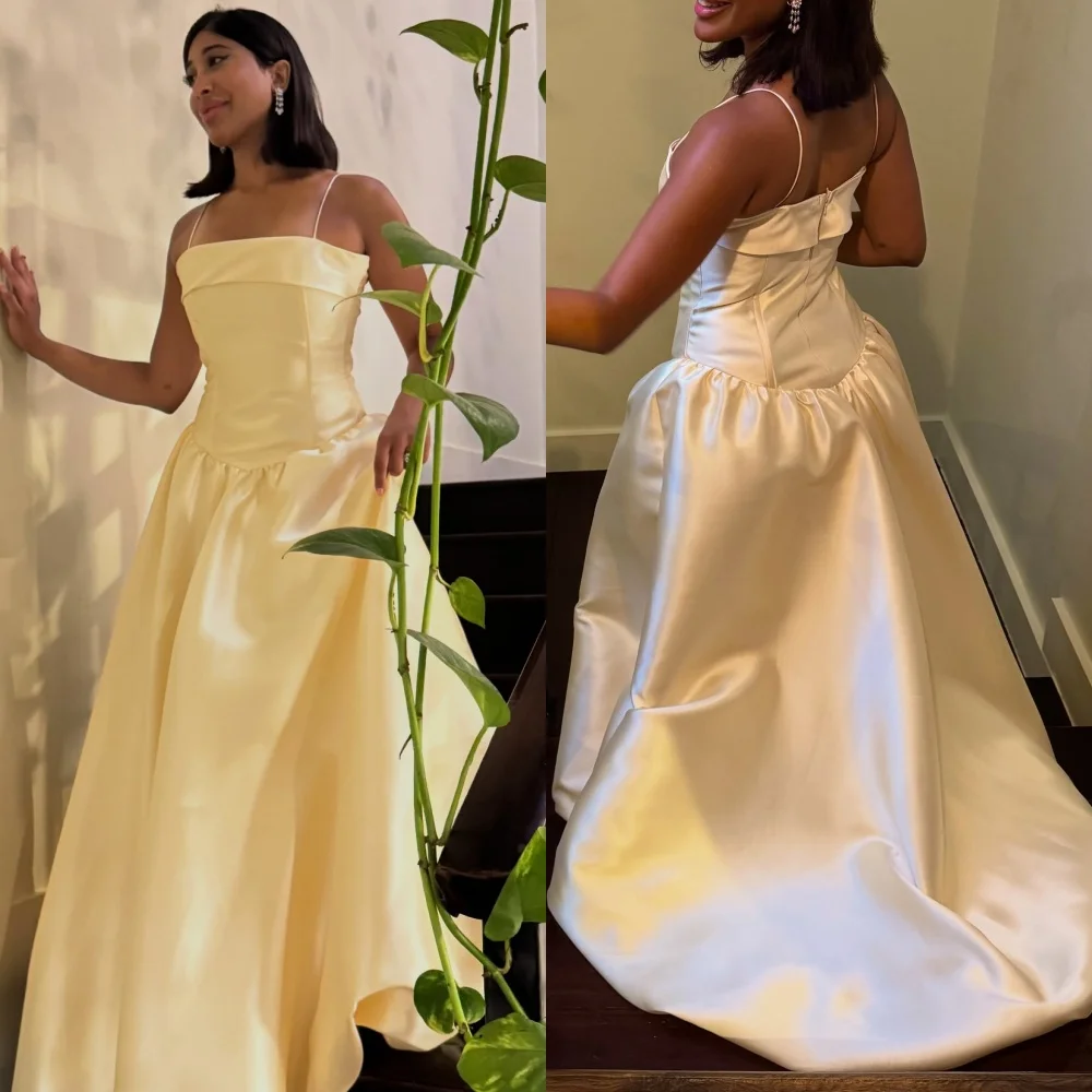 Moda personalizada elegante Charmeuse acanalada plisado A-line Spaghetti Strap vestidos largos vestidos para ocasiones a medida tamaños disponibles