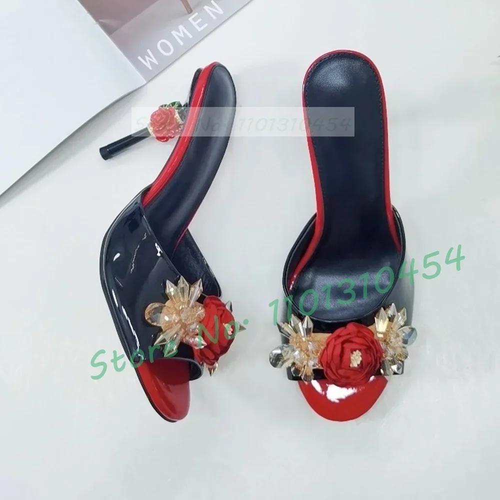 

Retro Flower High Heels slippers Women Luxury Crystal Patent Leather Shoes Summer Ladies Gorgeous Open Toe Appliques Slippers