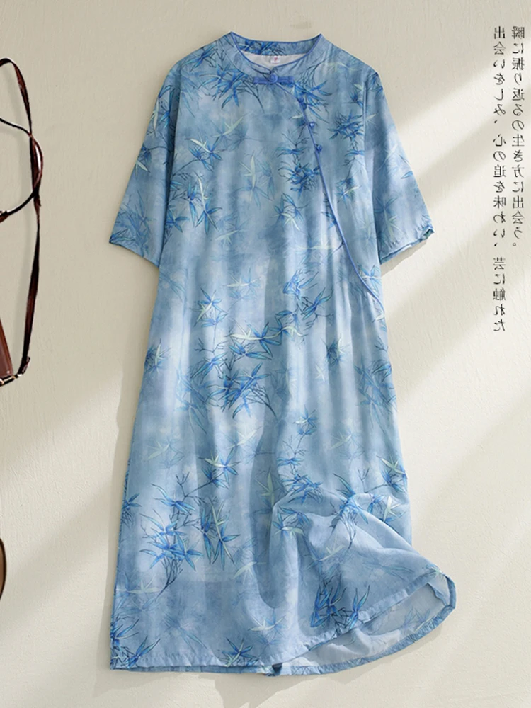 

Large Size Women's Cotton Linen Print Dr with Button Slanting Collar Mid-Sve Stand-Up Collar Sle Long Skirt