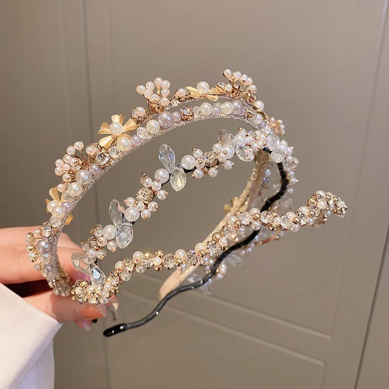 2-In-1 Crystal Pearl Flower Headband Double-deck Hairpin Women Wash Face Hairband Girls Party Hair Accessories Wholesale