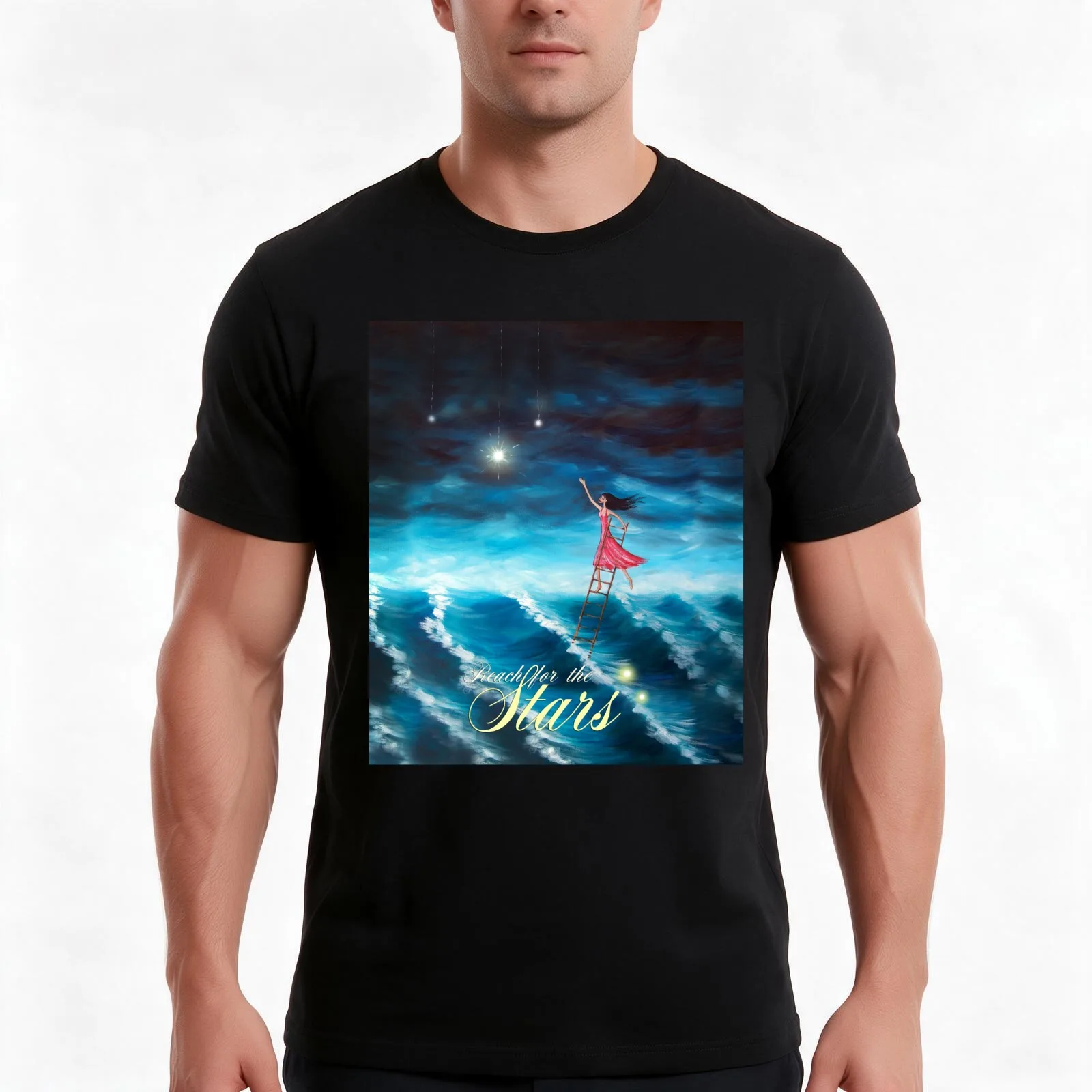 Reach for the stars T-Shirt, Summer Casual Cotton Tee, Oversized Streetwear Tops, Vintage Graphic Print, Loose Fit Short Sleeve