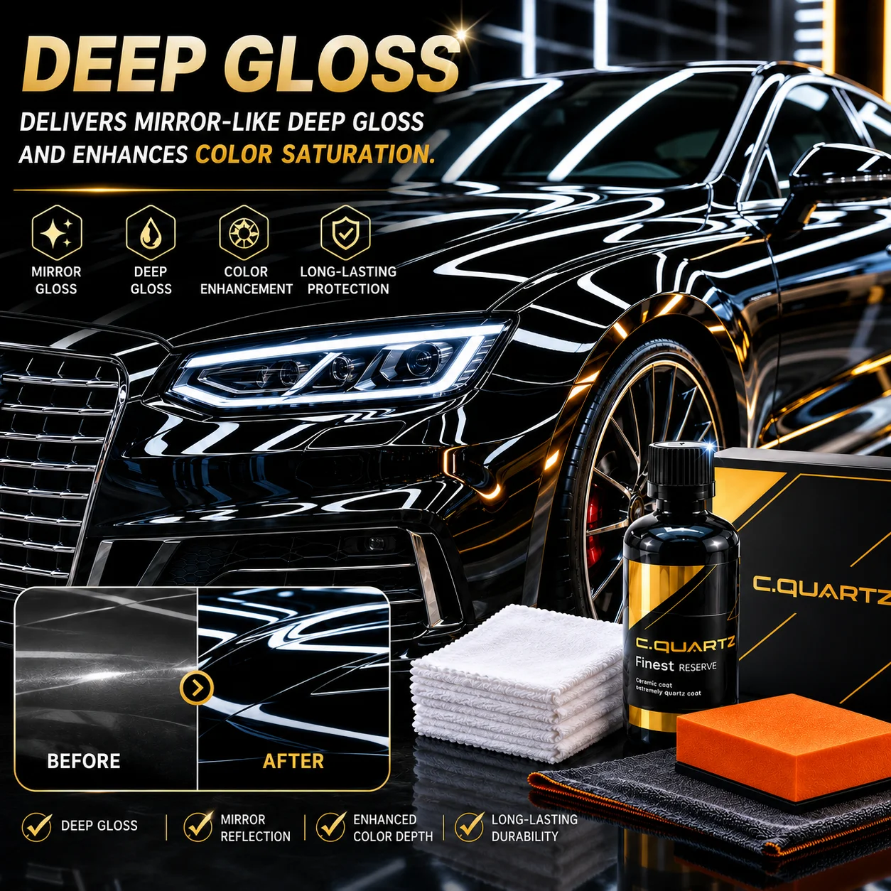 C.Quartz Finest Reserve Ceramic Coating Kit – Professional Grade Paint Protection, High Gloss Finish, Extreme Hydrophobic