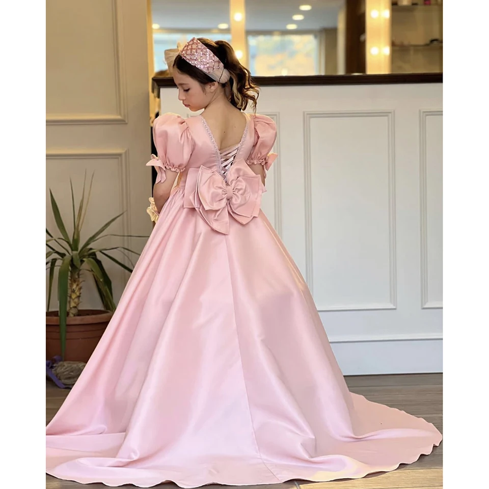 Elegant Square Collar Puff Sleeves Bow Flower Girl Dress For Wedding 2023 A-Line Floor Length First Communion Dress Pageant Gown