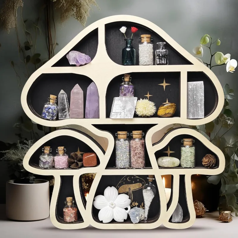 Creative Wooden Mushroom Shaped Display Shelf Cute Wall Shelves Mushroom Wall Decor Mushroom Shelf Home Storage Rack For Crystal