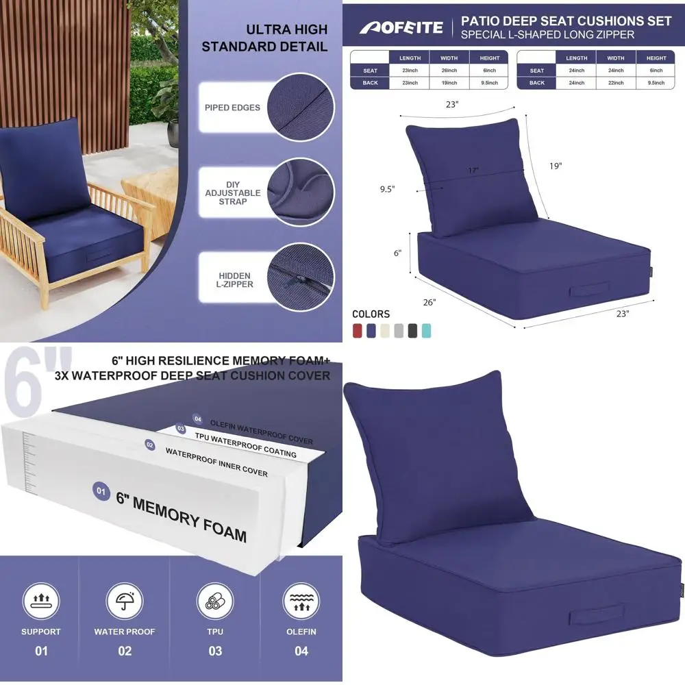 

Weatherproof Outdoor Deep Seat Cushion Set, 23x26x6, Fade-Resistant Patio Furniture Cover, Thickened Chair Pad with Straps, Suit