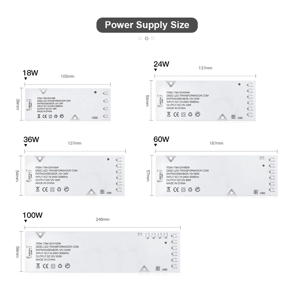 DC12V LED Driver Power Supply 24W/36W/60W/100W, AC110V-240V US/EU Plug, 6-10 Port for Cabinet Wardrobe LED Appliances