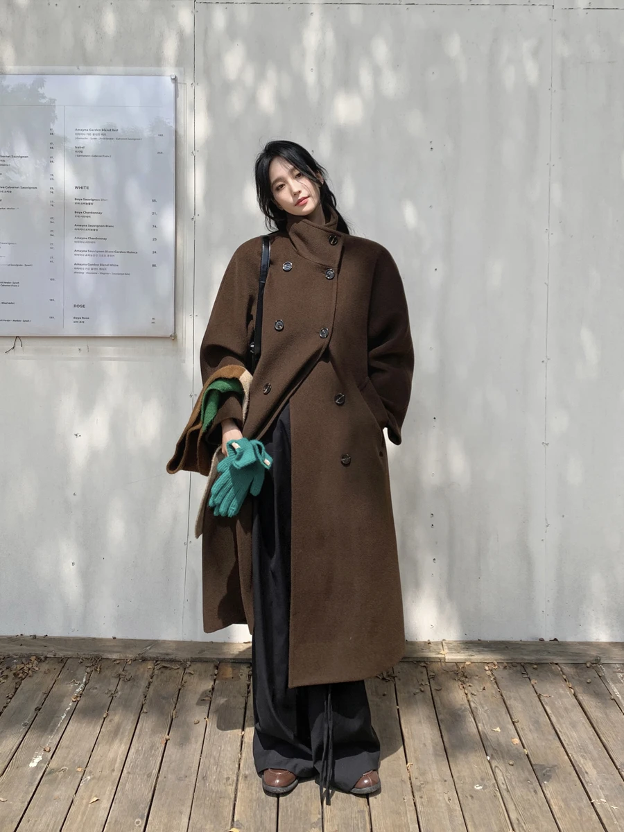 

SMBL RAIN коричневое женское пальто с воротником-стойкой и двухрядными пуговицами, осень-зима, винтажная шерстяная верхняя одежда прямого кроя...