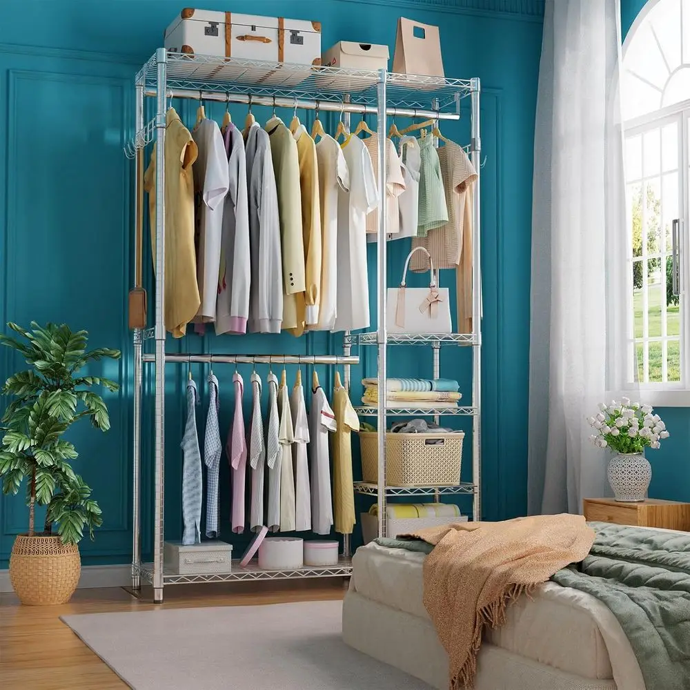 Perchero para ropa de resistencia industrial: capacidad para 450 libras, colgar y estanterías ajustables, armario de metal, acabado cromado