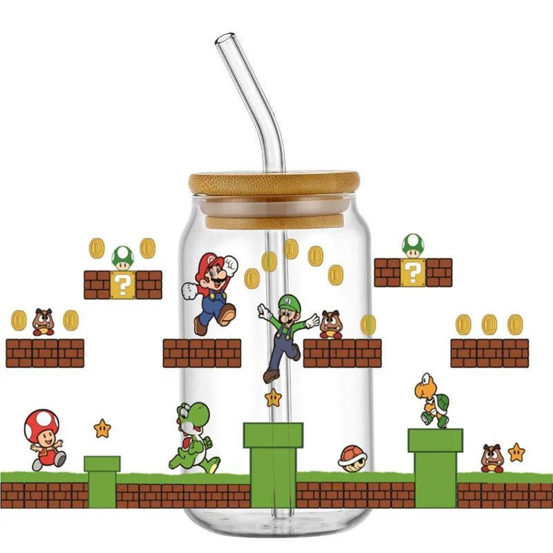 Miniso Encanador Dos Desenhos Animados Mario Series Envoltório Adesivo, UV, DTF Cup, DIY, Impermeável, Decalque para 160z Libbey Óculos