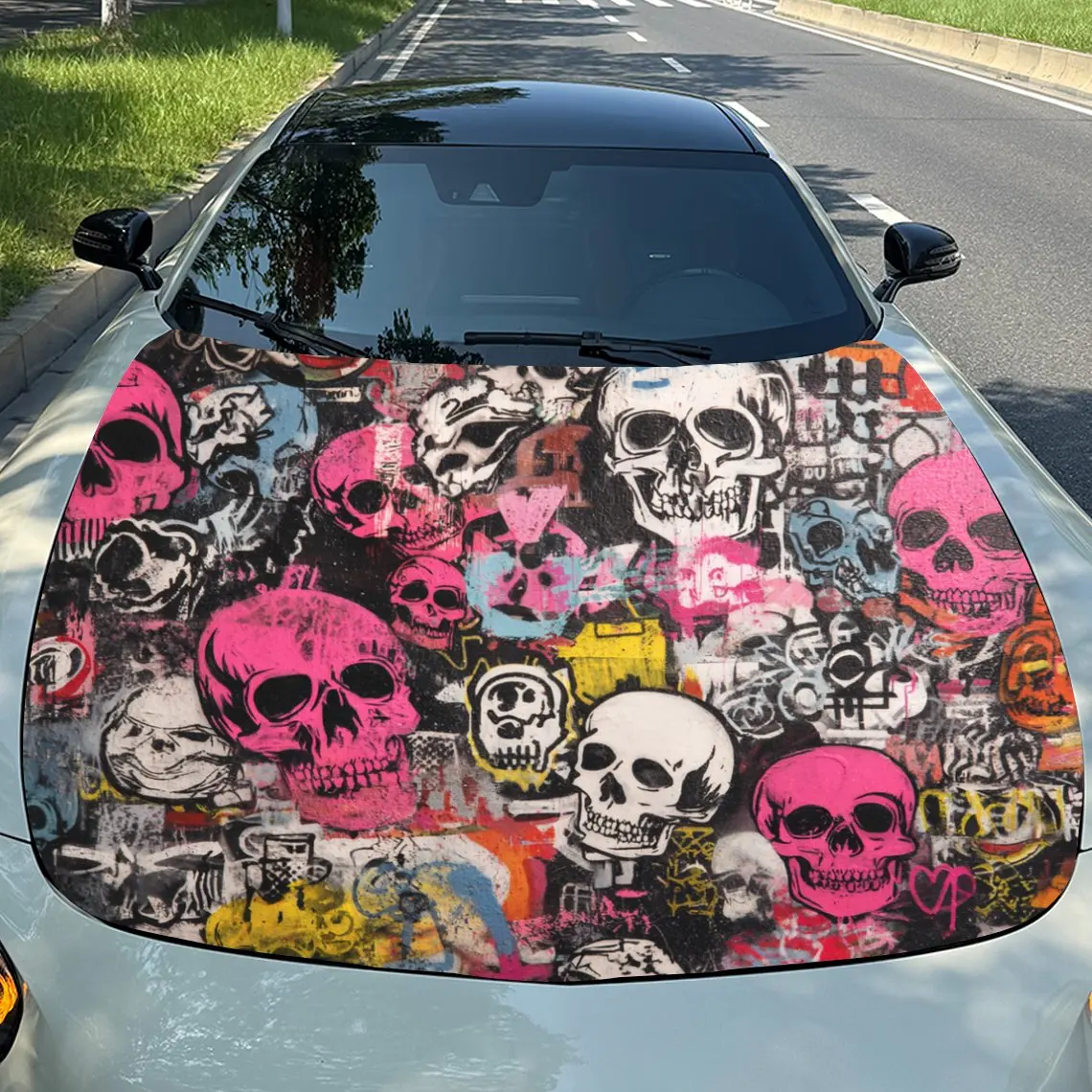 

Виниловая пленка с крутым рисунком скелета и граффити, водонепроницаемая виниловая наклейка на капот из ПВХ, самоклеящиеся наклейки для царапин для двигателя C