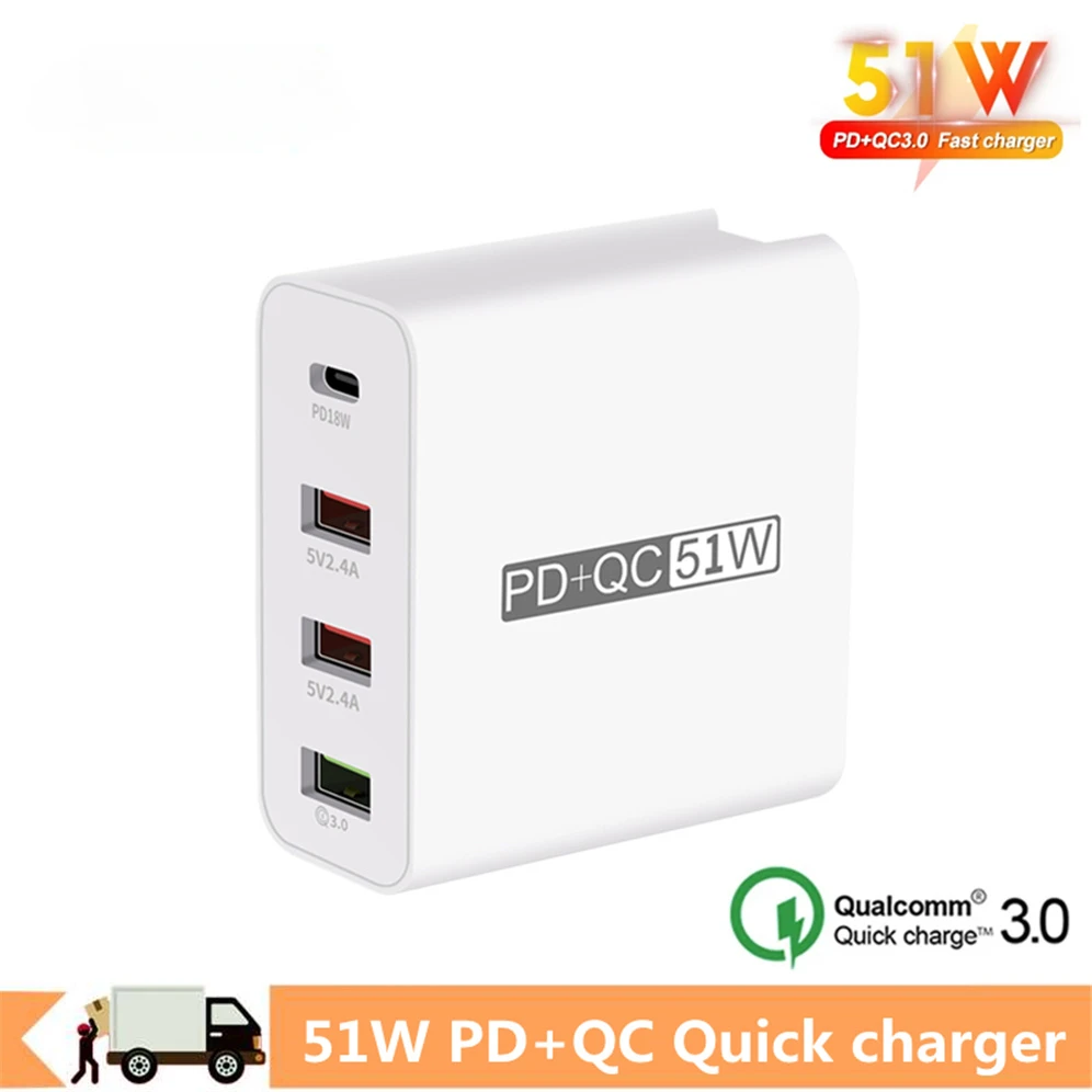 Universal 51W PD QC 3.0 4.0 USB adapter wall Quick charger for Iphone 15 14 Samsug Huawei EU UK Plug Mobile Phone Fast charging