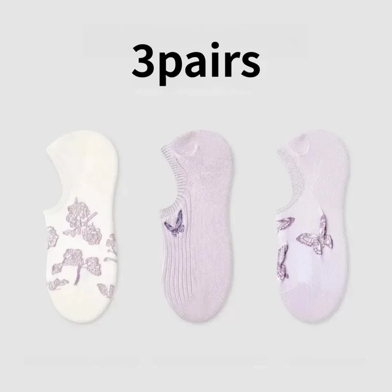 

HeYe 3 Pairs of Summer Sports Non-slip Breathable Purple Embroidered Butterfly Boat Socks