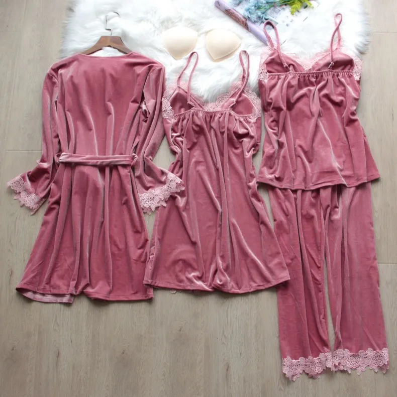 Autumn Winter Velvet Pajamas Four Piece Set Women Sleepwear Sexy Lace Trim Bathrobe Nightgown Loose Velour Homewear Pijamas Suit