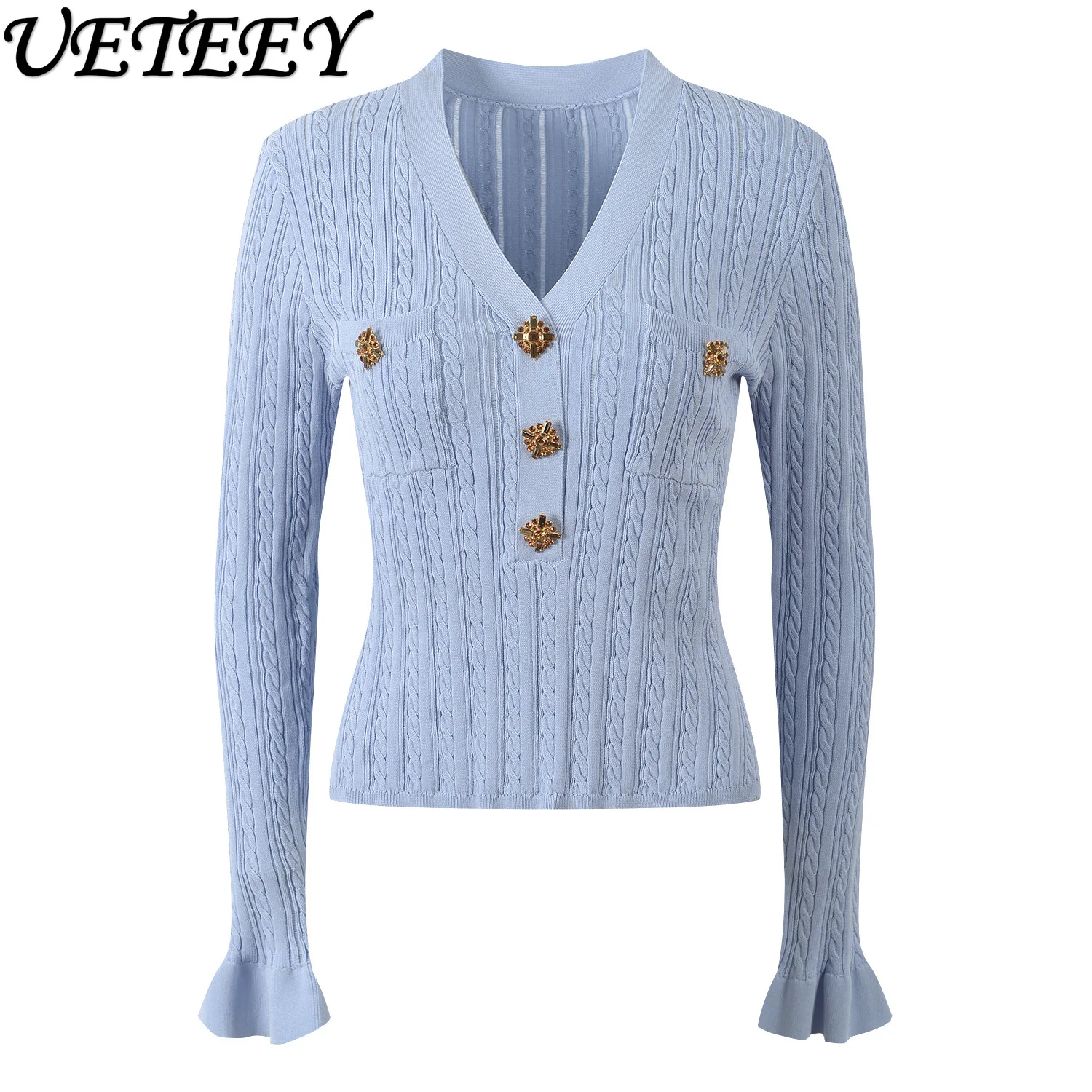 

2026 Spring New Versatile Cable Knit Bell Long Sleeve Top Fashion Elegant Slim Fit Versatile V-Neck Short Pullover for Outerwear