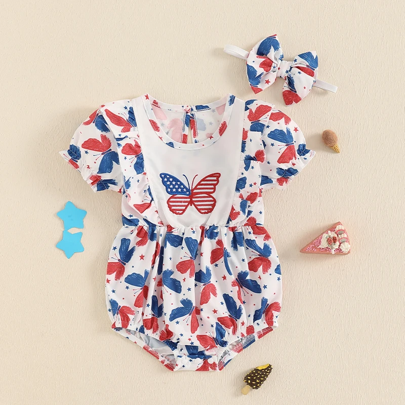 Independence Day Baby Clothing Newborn Infant Baby Girls Star Ice Cream/ Short Sleeve Ruffle Romper Jumpsuit+Headband