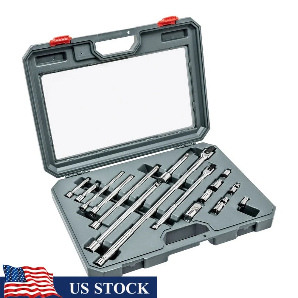 

1/4 in Drive SAE Socket Wrench Set 16pc with Breaker Bar High Strength Alloy Steel Chrome Finish Adapters DIY Automotive Repair