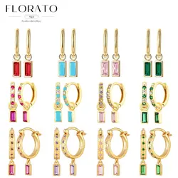 925 Sterling Silver Needle Rectangular Zircon Pendant Hoop Earrings For Women Luxury Crystal Drop Earrings Fashion Party Jewelry