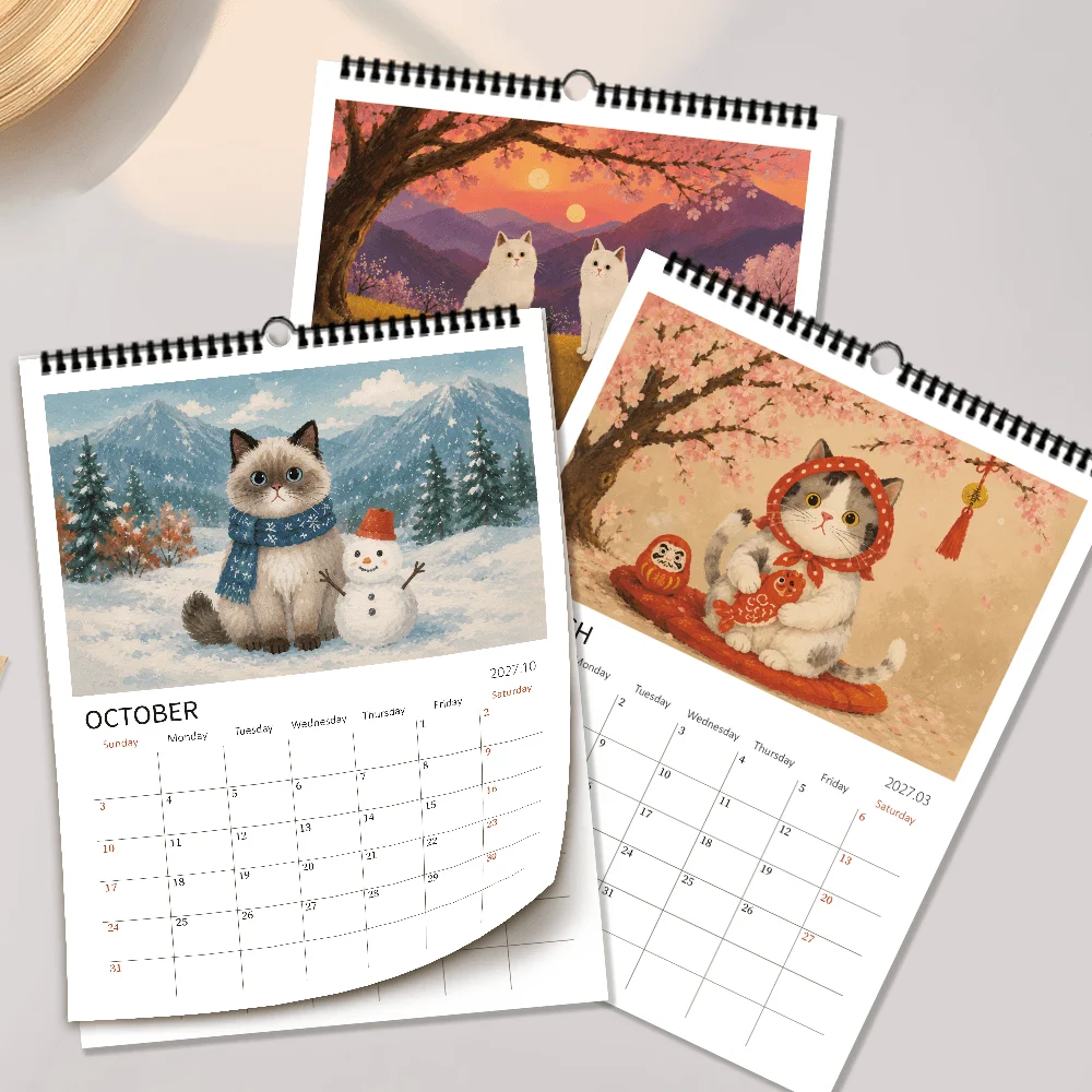 1pc 2027 Wall Calendar,Cat Four Seasons Scenery Theme, 12-Month Monthly Planner, Perfect Gift for Birthdays, Christmas, New Year