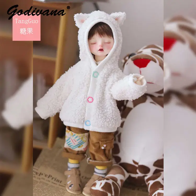 1/6 BJD Doll Clothes White Furry Hooded Loose Coat with Cat Ears Sweet Cute Plush Jacket Colorful Buttons Winter Warm Outfit