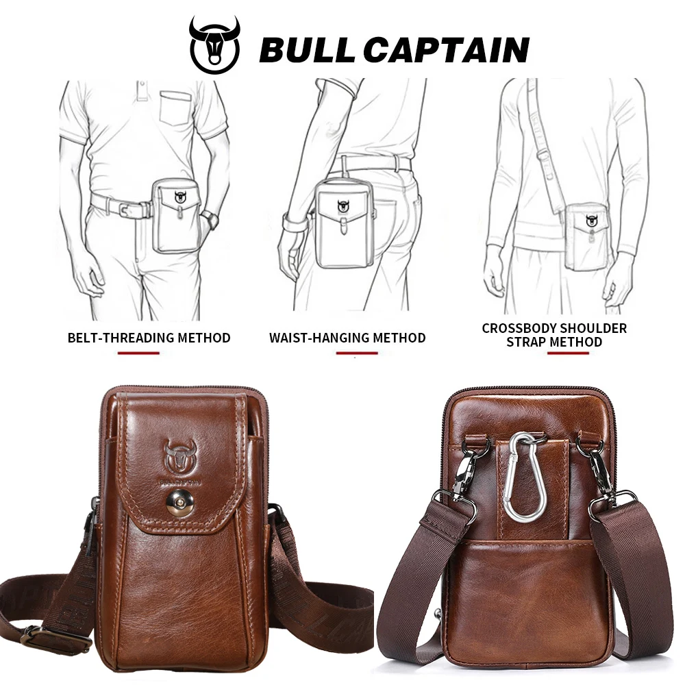 BULLCAPTAIN Genuine Leather Men's Waist Packs Phone Pouch Bags Waist Bag Male Small Chest Shoulder Belt Bag Small Waist Packs image 2