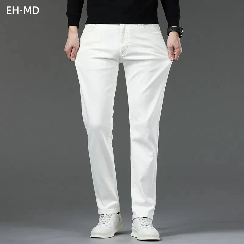 Straight White Jeans Men Solid Color Patchwork Pants High Elasticity Pure Cotton Large Size Business Leisure Office Versatile 25