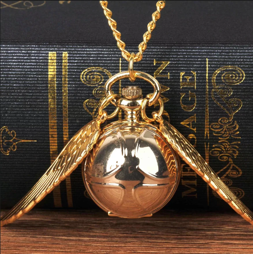 8890Retro fashion cartoon luxury gold two wings open cover quartz small pocket watch children gift necklace